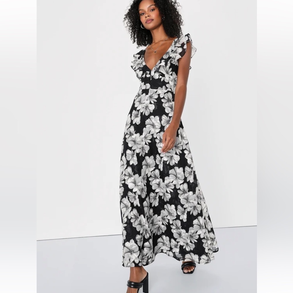 Flawless Poise Black Floral Jacquard Ruffled Maxi Dress